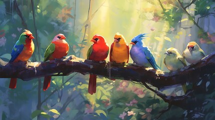 an image of colorful birds perched on branches, singing happily in a garden bathed in sunlight