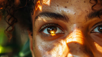 Close up shot of a woman's face in the Dominican Republic with a sun inside their eye