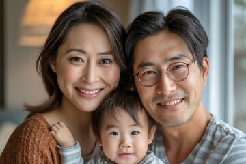 Fototapeta premium Portrait of three nice charming adorable cute positive optimistic cheerful happy excited family enjoying leisure in decorated bright white interior living room