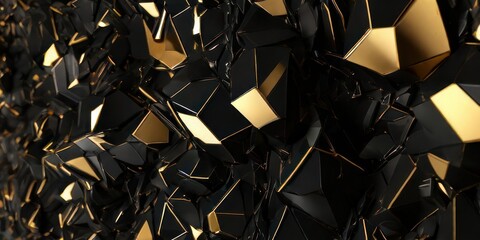 3d render, abstract dark gold crystal background, faceted texture, macro panorama, wide panoramic...
