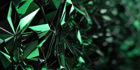 3d render, abstract dark green crystal background, faceted texture, macro panorama, wide panoramic...