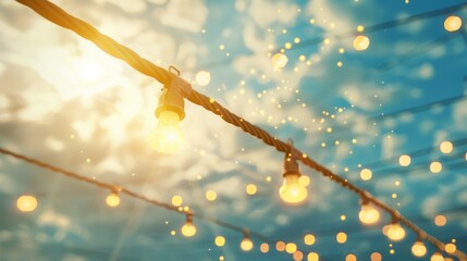 Sunset, Glowing Bulbs and Festive Lights Against Blue Sky