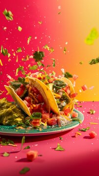 Dynamic image of tacos mid-air with ingredients flying around, set against a vibrant red-yellow gradient background