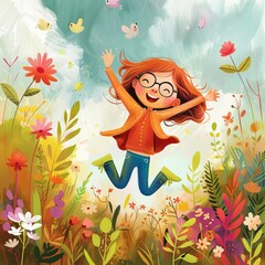 Obraz na płótnie Canvas Joyful Young Girl Jumping in a Vibrant Spring Meadow