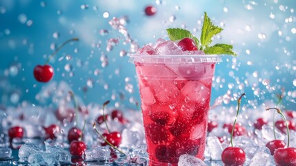 Refreshing Cherry Slush Drink in Plastic Cup Surrounded by Ice Cubes