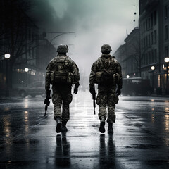 soldiers in uniform walking with military rifle on city street, military operation