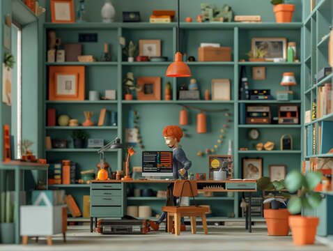A man is sitting at a desk in a room with a green wall and orange shelves. The room is filled with books and potted plants. The man is using a computer and he is working. The room has a cozy