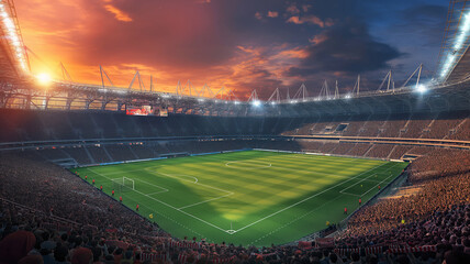 A large football stadium full of fans at sunset