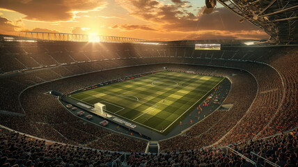 A large football stadium full of fans at sunset