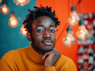 A man with glasses and dreadlocks is wearing a yellow sweater and leaning on his arm. The image has a warm and friendly vibe, with the man's relaxed posture and the bright colors of his clothing