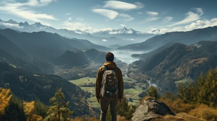 Hiking in the mountains. A man with a backpack stands on the edge of a cliff and looks at the...