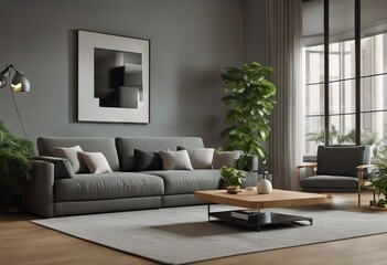 living room 3d tables sofa coffee plant grey interior panorama apartment armchair Modern rendering black