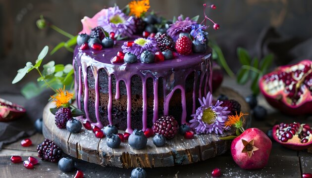delicious vegan raw cake, multi-colored cashewcake layers, fruit and berry dessert, vegan snack, low-calorie food, blooming cherry branches and other flowers, dried fruits and nuts.