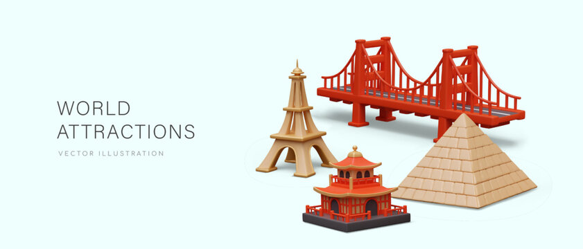 World attractions. Architectural monuments, buildings of different countries and eras