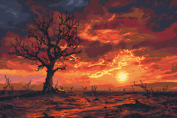 pixel art scene of a lone tree standing amidst a barren landscape ravaged by wildfires
