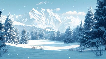 Serene Winter Landscape Snowladen Trees Stand Tall Against Majestic Snowcovered Mountain Range