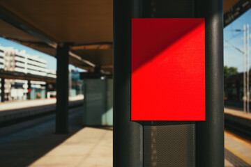 Red information sign board mockup on train station