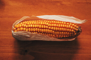 Harvested corn on the cob on wooden table - 791785377