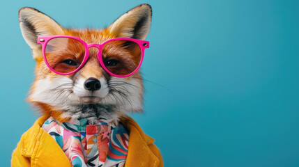 Funny fox wearing pink sunglasses and yellow knit jacket or jumper on blue background, creative photo. - Powered by Adobe