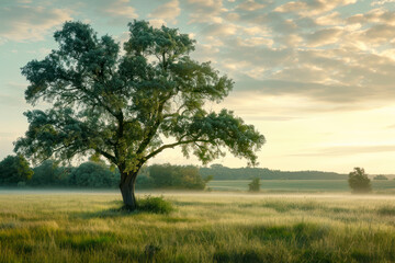 Fototapeta premium Countryside landscape, tree standing in the field.