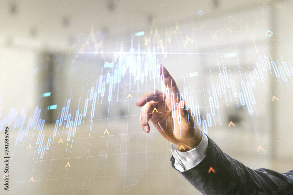Poster multi exposure of man hand working with abstract financial diagram and world map on blurred office b