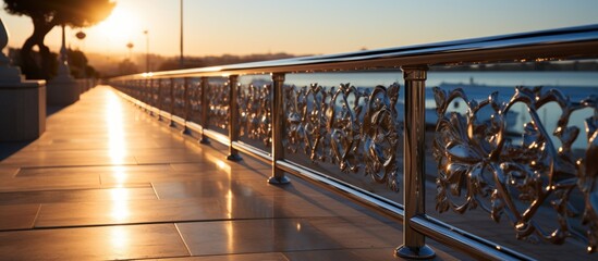 Metal railing on the embankment of the river at sunset. - Powered by Adobe