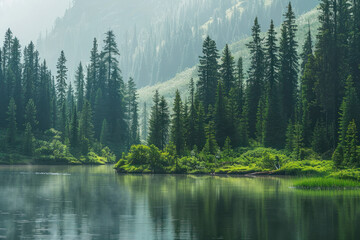 Green summer forest with spruce and pine trees mountain, lake, river.