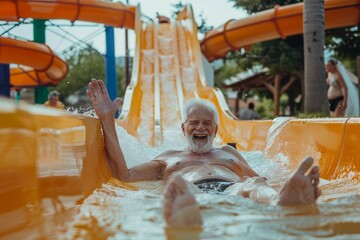Senior man enjoying holiday in aqua park, grandfather