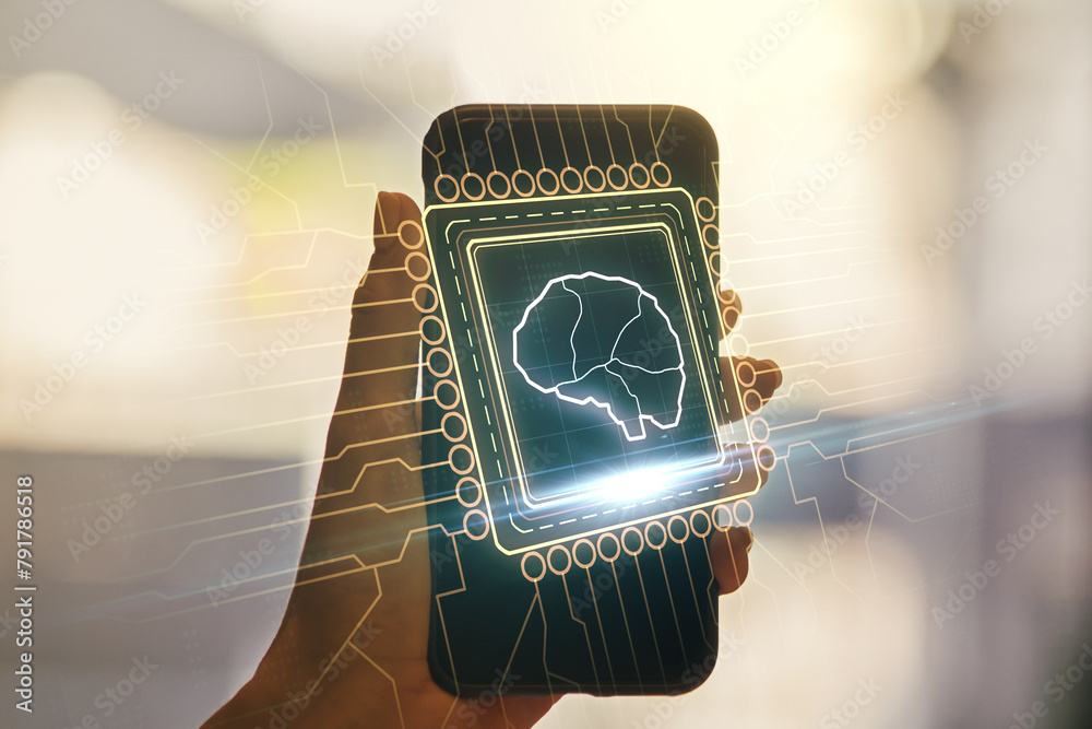 Poster creative artificial intelligence concept with human brain sketch and hand with mobile phone on backg