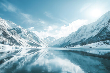 Picturesque scenery of calm lake surrounded by snowy mountains under blue sky in sunny winter day.