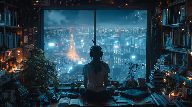 Synthwave anime manga girl, lofi background wallpaper design, anime girl, Manga Style