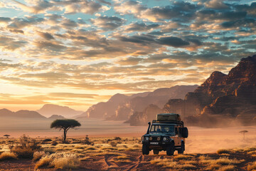 Safari and travel to Africa, extreme adventures or science expedition in a stone desert.