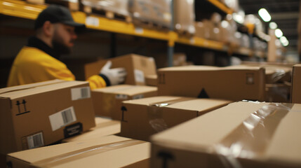Trabajador con paquetes y cajas para distribuir.  - obrazy, fototapety, plakaty