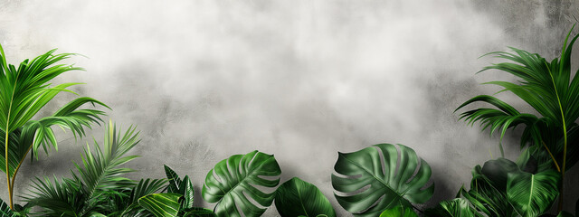 Monstera Leaves on the white foggy Background: Vibrant Tropical Greenery