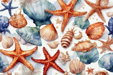 'seahorse crabs background hand drawing shells watercolor isolated starfish pearl crab shell sea seashell beach collection white nature marin mollusc set ocean animal group star snail summer clam' - obrazy, fototapety, plakaty