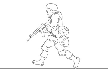 One continuous line.Warrior on the attack. Modern  military man in combat gear. Soldier with weapons and helmet.Continuous line drawing.Line Art isolated white background.