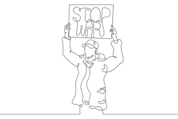 One continuous line.A protesting demonstrator stands with a banner. Banner STOP WAR. Anti-war action. Continuous line drawing.Line Art isolated white background.
