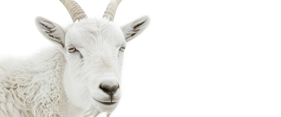 White goat close up on white background, banner, studio photo.
