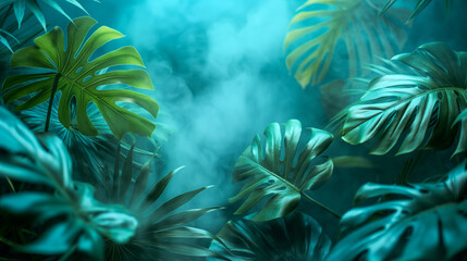 Fototapeta na wymiar Monstera Leaves on the dark foggy Background: Vibrant Tropical Greenery