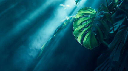 Monstera Leaves on the dark foggy Background: Vibrant Tropical Greenery