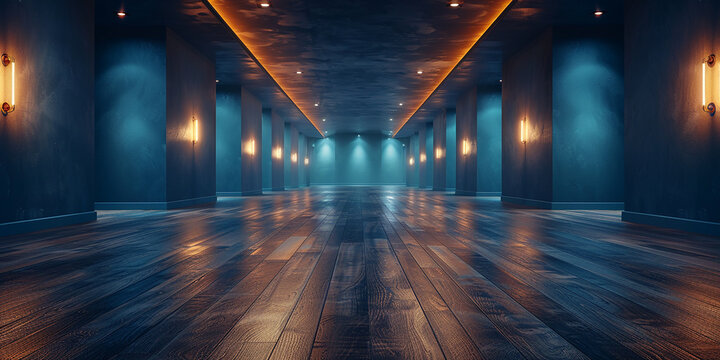 Dark empty room with wooden floor and lighting