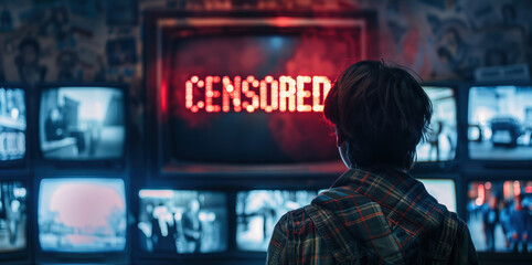 Person viewing censored content on televisions