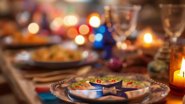 Closeup of a table set for a communal meal with plates adorned with symbols of unity and harmony from various religions. .