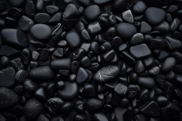 Assorted wet black stones with a tactile texture, perfect for spa and wellness backgrounds - obrazy, fototapety, plakaty