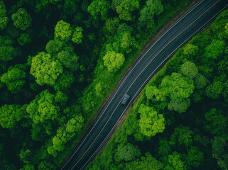 Aerial Photo: Dark Road in the Forest with Car Driving