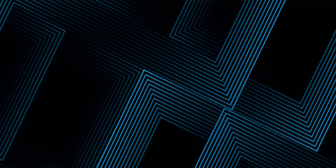 Black abstract background with glowing geometric lines. Modern shiny blue lines pattern. Elegant graphic design. Futuristic technology concept. Suit for poster, banner, brochure, cover, website, flyer