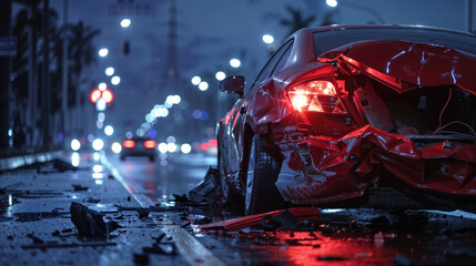 Crashed car on rainy city street at night