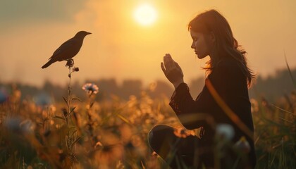 Woman praying and free bird enjoying nature on sunset background, hope concept Human hands open palm up worship. Eucharist Therapy Bless God Helping Repent Catholic Easter Lent Mind Pray. Christian  - obrazy, fototapety, plakaty