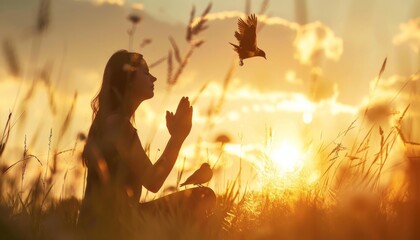 Woman praying and free bird enjoying nature on sunset background, hope concept Human hands open palm up worship. Eucharist Therapy Bless God Helping Repent Catholic Easter Lent Mind Pray. Christian  - obrazy, fototapety, plakaty