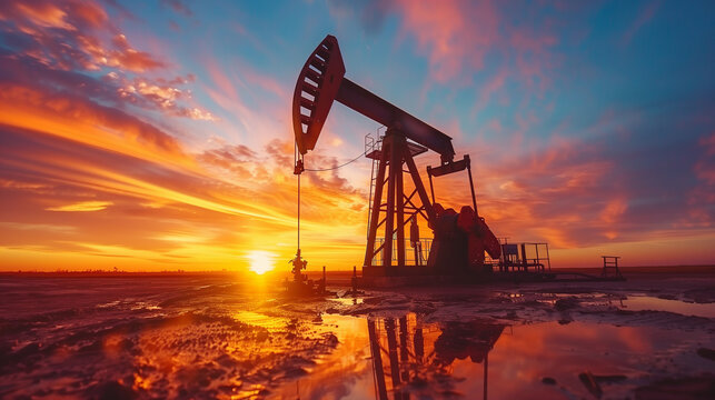 Oil drilling derricks at desert oilfield. Crude oil production from the ground. Petrochemical industrial. Generative AI.